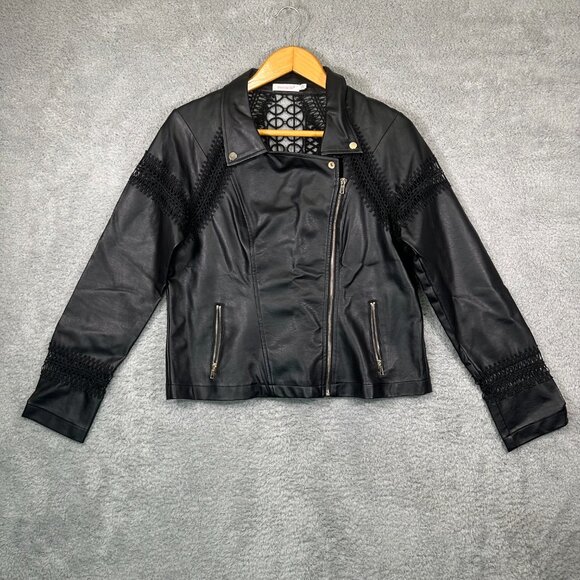 shoedazzle Jackets & Blazers - Shoedazzle Faux Leather Moto Jacket L Embroidered Crochet Asymmetrical Zip XXL